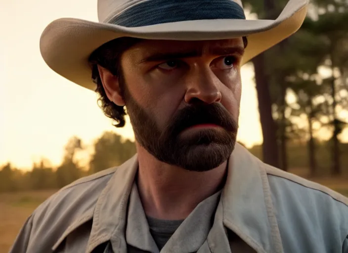 Image similar to film still of jim hopper as dustin henderson in stranger things, 8 k