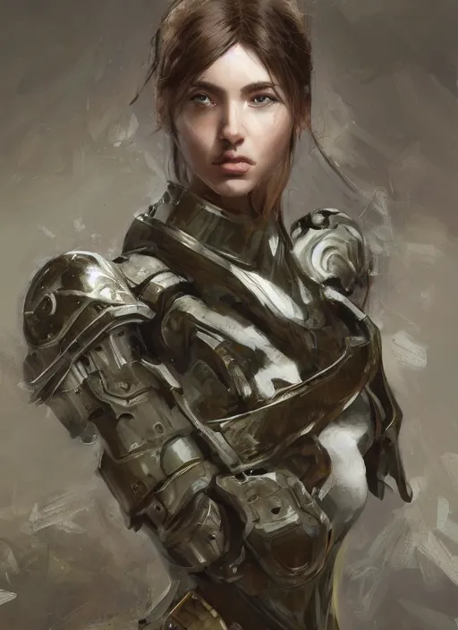 Image similar to a professional painting of a beautiful young female, clothed in military armor, olive skin, long dark hair, beautiful bone structure, symmetrical facial features, intricate, elegant, digital painting, concept art, smooth, sharp focus, illustration, from Metal Gear, by Ruan Jia and Mandy Jurgens and Artgerm and William-Adolphe Bouguerea