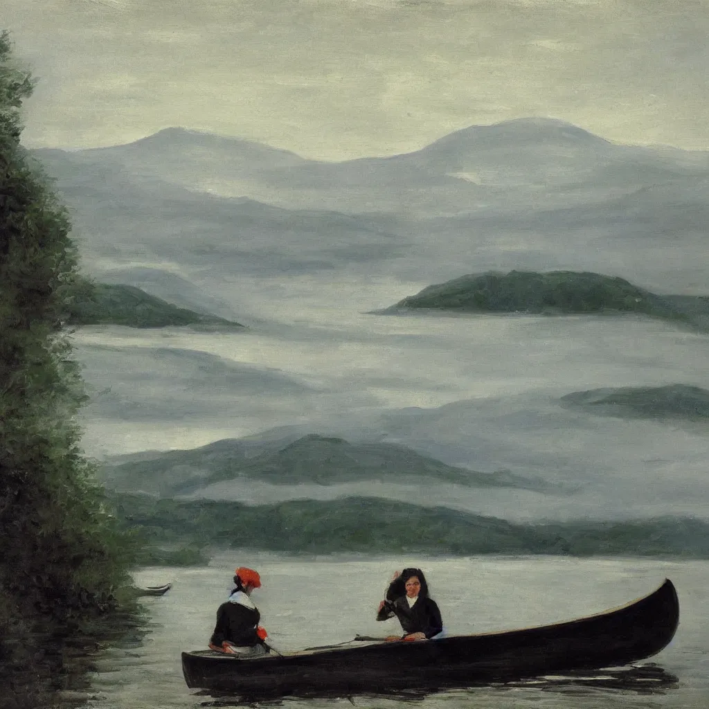 Image similar to one beautiful woman sitting in canoe on the hudson river, mountains in mist in the background, oil painting, style of george bellows