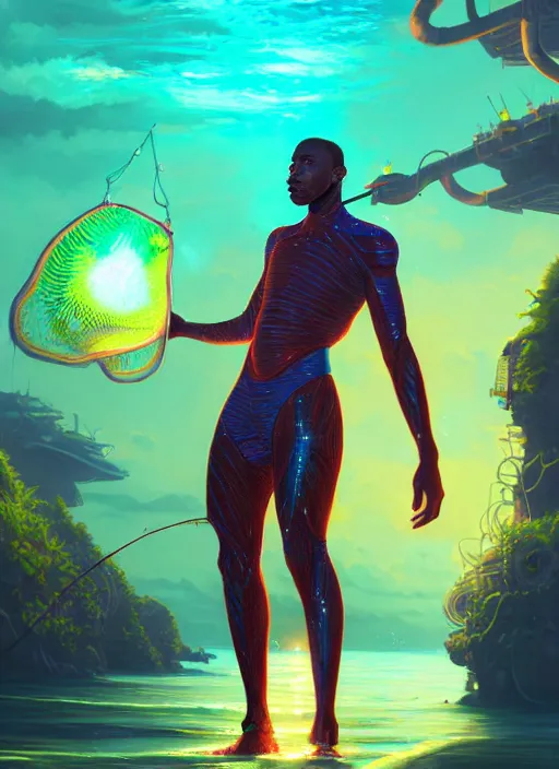 Image similar to portrait of a jamaican fisherman sci - fi glowing fishing armor jamaican colors muscular cyberpunk intricate elegant highly detailed digital painting artstation concept art, ocean fish background, greg rutkowski, loish, rhads, ferdinand knab, makoto shinkai and lois van baarle, ilya kuvshinov, rossdraws, tom bagshaw