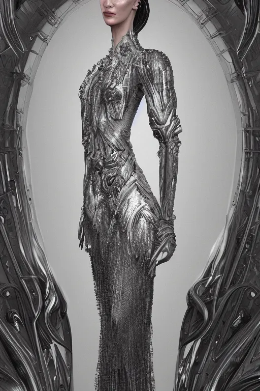 Prompt: a highly detailed portrait of a beautiful alien goddess bella hadid in iris van herpen dress in diamonds in style of alphonse mucha trending on artstation made in unreal engine 4