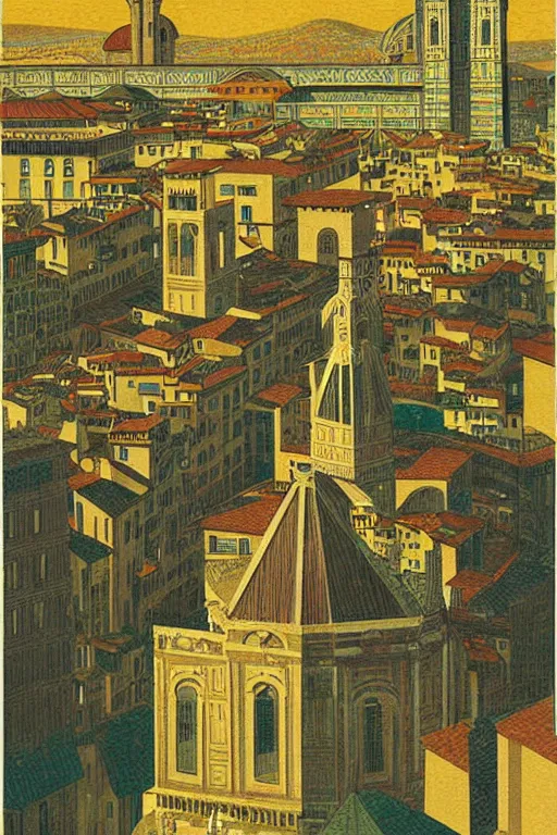 Prompt: resplendent, gilded art deco print of Florence, Italy by Hasui Kawase and Lyonel Feininger