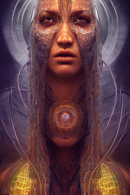 Image similar to a centered render of an ancient futuristic shaman with digital modifications surrounded by a underwater ink pour and flowing liquid gallium and complex sacred geometry, perfect body and face, powerful, cinematic, beautifully lit, by artgerm, by karol bak, 3 d, trending on artstation, octane render, 8 k