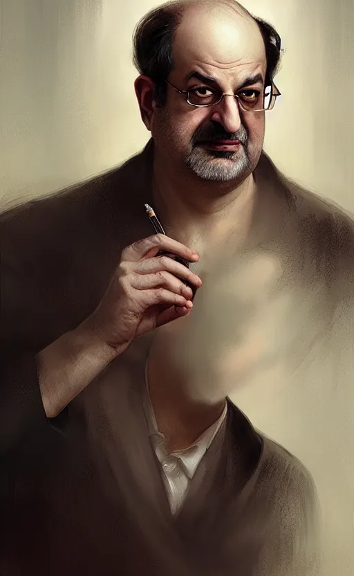 Image similar to portrait of salman rushdie, deep focus, d & d, fantasy, intricate, elegant, highly detailed, digital painting, artstation, concept art, matte, sharp focus, illustration, art by artgerm and greg rutkowski and alphonse mucha