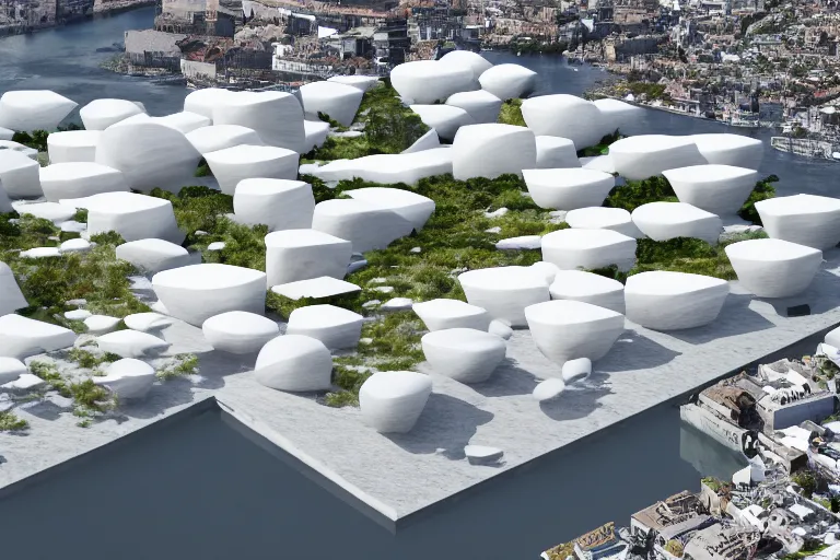 Prompt: the bjarke ingels group < skum > white building formed by the intersection of many white egg shaped spherical spaces, on the calm lake, people's perspective, future, interior wood, marble, award winning, highly detailed 4 k art, dusk, unreal engine highly rendered, global illumination, radial light, interior environment