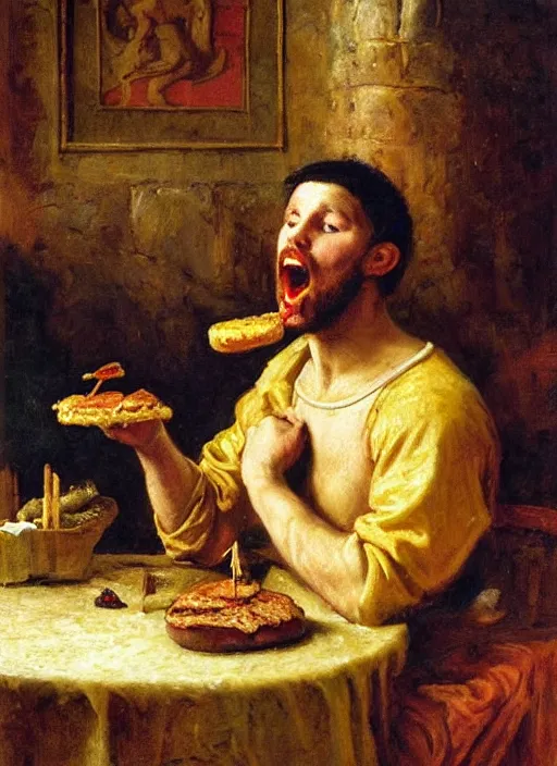 Prompt: young man eating a burger in a medieval dinning room, surrounded by starving people in front of a giant painting, extremely realistic and highly detailed painting by gaston bussiere, soft light, gold ratio