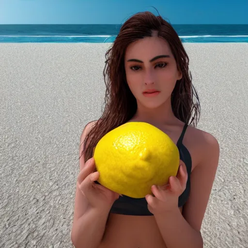 Image similar to woman with the texture and head of a lemon in bikini sunbathing on the beach, dslr, award winning, 8 k, octane beautifully detailed render, cold lighting, cinematic lighting, detailed photo, masterpiece, volumetric lighting, ultra realistic, highly detailed, high quality, lossless, photorealistic
