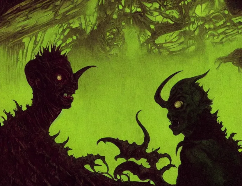 Image similar to a close - up view portrait of a silhouetted supernatural goblin in brutalist halls with metallic alien technology. close - up view, detailed textures. glowing green purple fog, dark black background. highly detailed fantasy science fiction painting by moebius, norman rockwell, frank frazetta, and syd mead. rich colors, high contrast