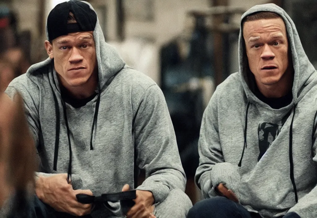 Image similar to john cena in a hoodie portraying marshall mathers in 8 mile.