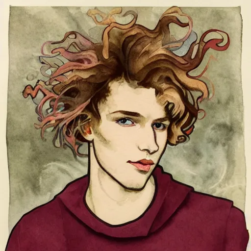 Image similar to abstract experimental watercolor drawing of a young cute handsome beautiful androgynous strawberry blond medium curly hair man in his early 2 0 s wearing a blank maroon t - shirt with grey - blue eyes, by elizabeth peyton and alphonse mucha and vincent van gogh, trending on artstation