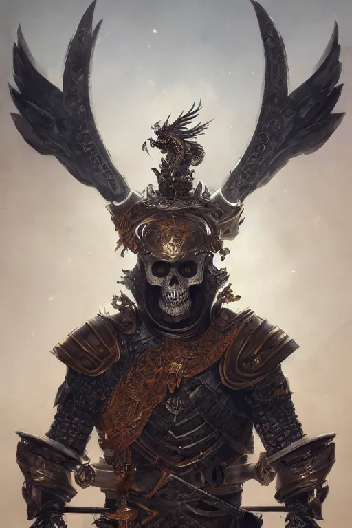 Image similar to portrait of a skeleton with chinese dragon in armor and helmet, majestic, solemn, big sword, wearing helmets and armor with wings, symmetrical, solemn, sacred, aura, art by greg rutkowski, matte painting, trending on artstation