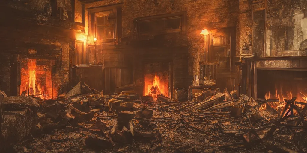 Image similar to an abandoned inn in dnd at dusk with a fire in a fireplace