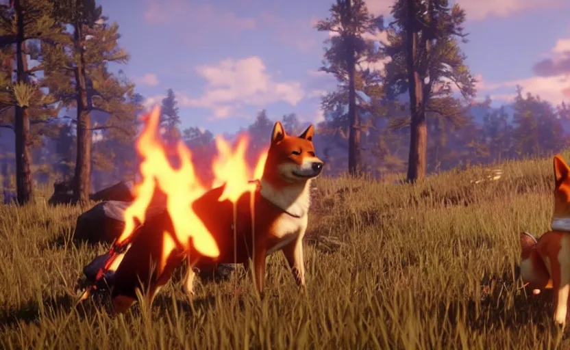 Image similar to A shiba inu dog in Red Dead Redemption 2, cinematic shot, campfire