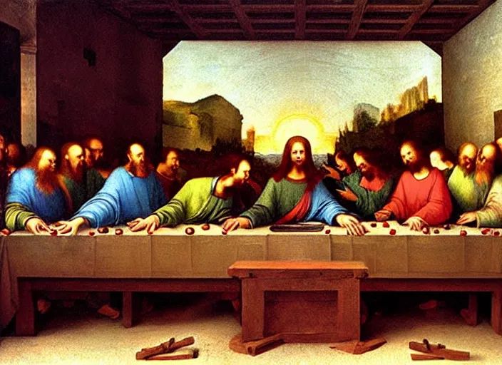 Image similar to Computer LAN party of the last supper painting by Leonardo Da Vinci, oil painting