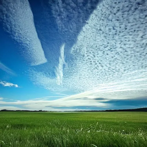 Prompt: the sky is made of water waves looking out on a field of short grass
