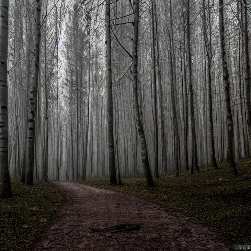 Image similar to dark liminal forest, dirt path, tall birch trees, foggy, highly realistic, 5 mm canon lens, 4 k,