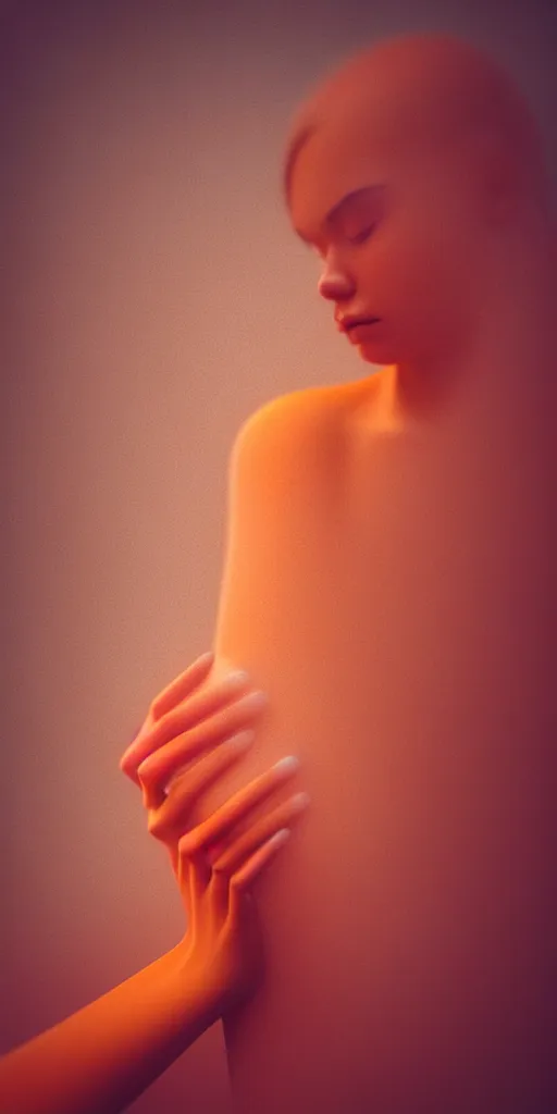 Image similar to a blurry closeup picture of woman's skin gripped tightly, female bodies, hands, dripping wet, macro photography, long exposure photograph, surrealism, anamorphic bokeh, cozy, soft light, cyan and orange, caustic, atmospheric fog, octane render, cinematic