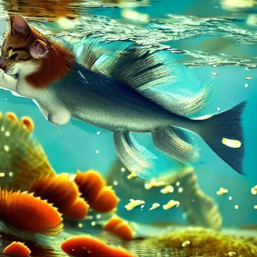 Image similar to a cat and a fish swimming together under water, photorealistic, very detailed, beautiful lighting, 4k