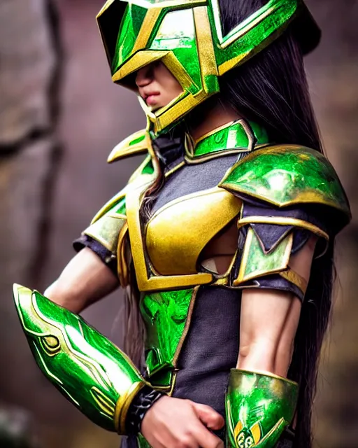 Image similar to a beautiful Asian elf ranger with long hair and green eyes, no helmet, wearing green and gold futuristic mecha armor, with ornate rune carvings and glowing lining and weapons , very detailed, shot in canon 50mm f/1.2