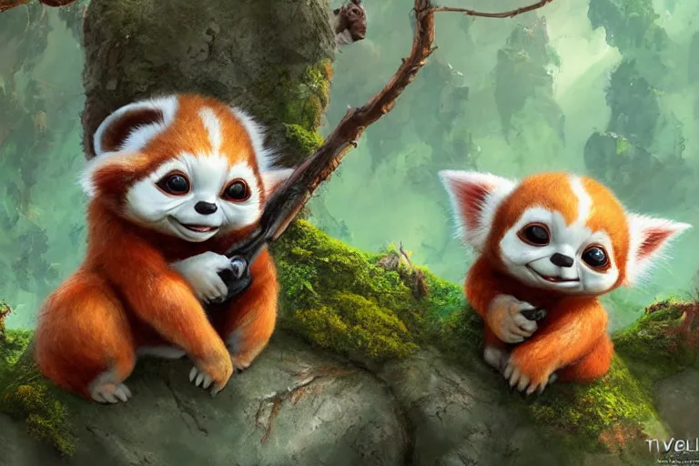 Image similar to an extremely cute red panda baby-yoda sit on a lichen covered ancient bolder and play sing songs, mischievous, inquisitive, devious, hilarious, funny, by Tyler Edlin