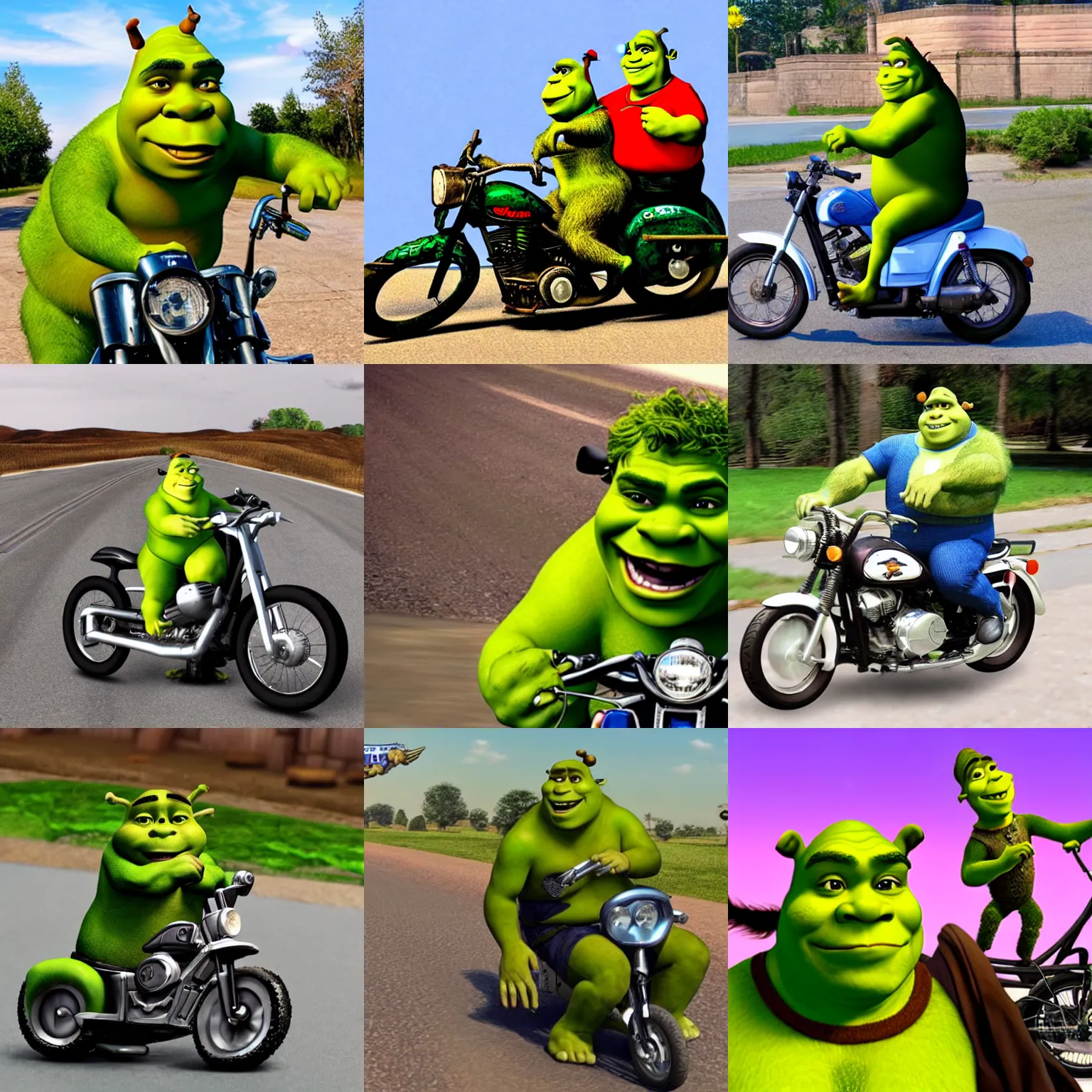 Prompt: shrek riding a motorcycle, wheelie