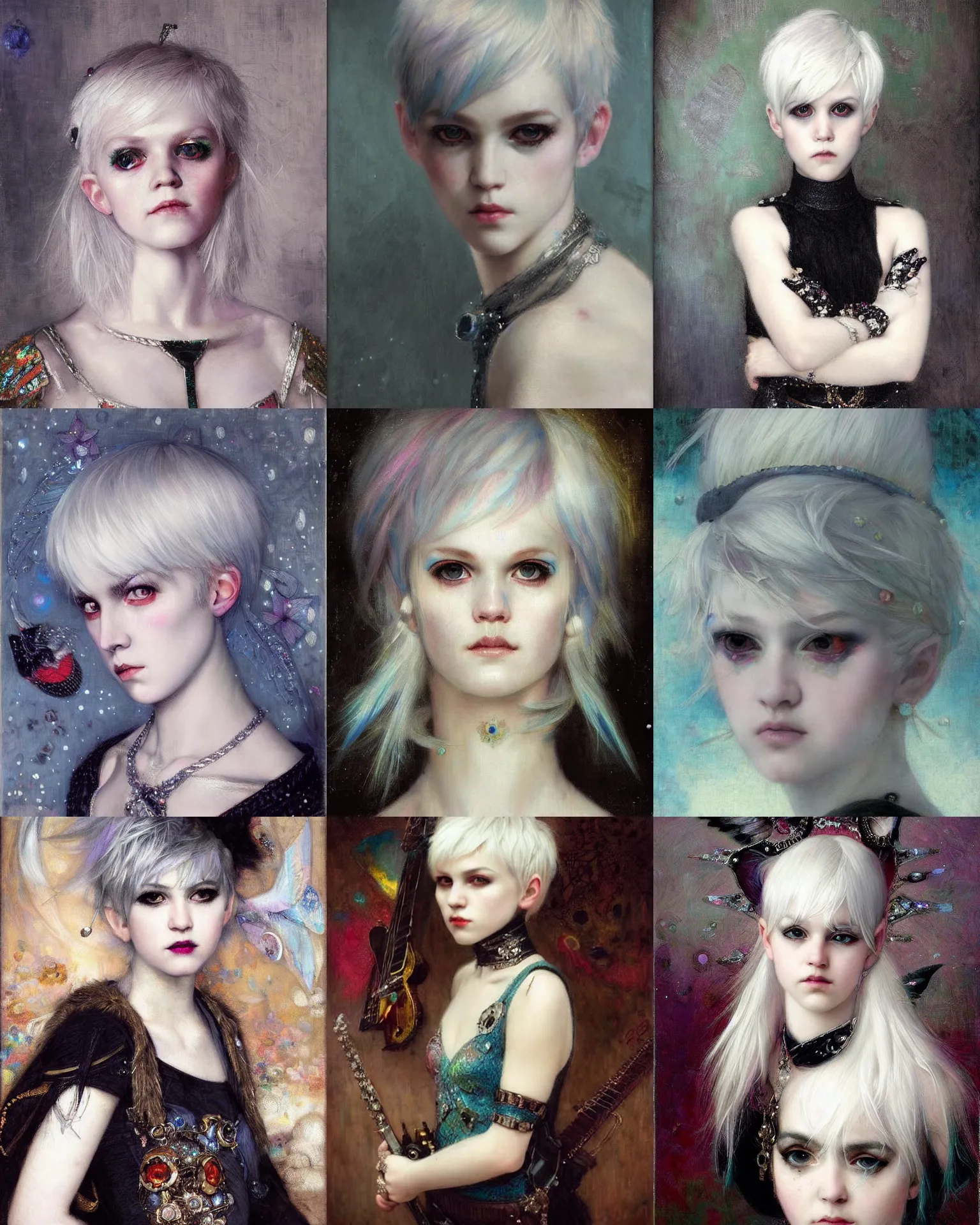 Prompt: white-haired pixie jewelled serious !!punk rock!! girl portrait by Edgar Maxence and Ross Tran