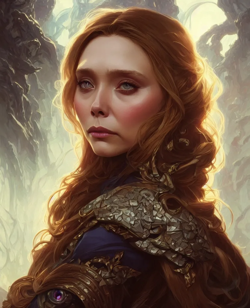 Prompt: Elizabeth Olsen, closeup, D&D, fantasy, intricate, elegant, highly detailed, digital painting, artstation, concept art, matte, sharp focus, illustration, hearthstone, art by Artgerm and Greg Rutkowski and Alphonse Mucha