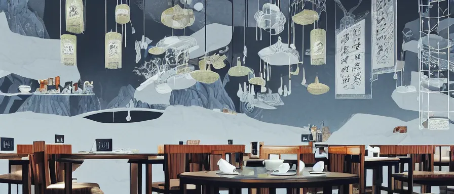 Image similar to a beautiful interior view illustration of a small roasted string hotpot restaurant of baota mountain in yan'an city, animation illustrative style, from china, restaurant wall paper is a high tower on a mountain, rectangle white porcelain table, black chair, simple style structure decoration design, victo ngai, james jean, 4 k hd