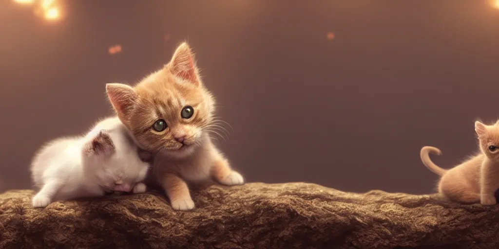 Prompt: tiny kitty and a tiny puppy, realistic 4 k octane beautifully detailed render, 4 k post - processing, highly detailed, intricate complexity, epic composition, magical atmosphere, cinematic lighting, masterpiece, ultra hd