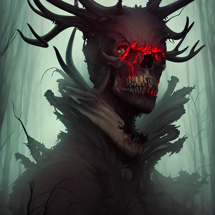 Prompt: style artgerm, joshua middleton, jesper ejsing, scary wendigo with antlers and skull face mixed with werewolf, in the forest, detailed, dark and foggy, cinematic lighting