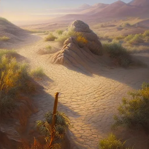 Image similar to a beautiful sand and ash landscape with rocks jutting out of the ground and a deep blue sky. dust clouds. by Peter Mohrbach and Mark Keathley, highly detailed concept art