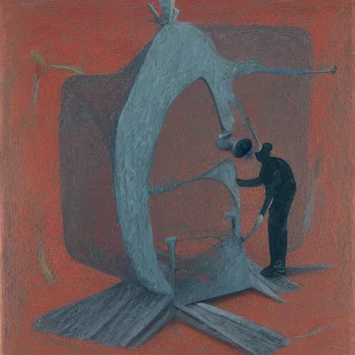 Image similar to a detailed impasto painting by shaun tan and louise bourgeois of an abstract forgotten sculpture by ivan seal and the caretaker, geometric yet organic