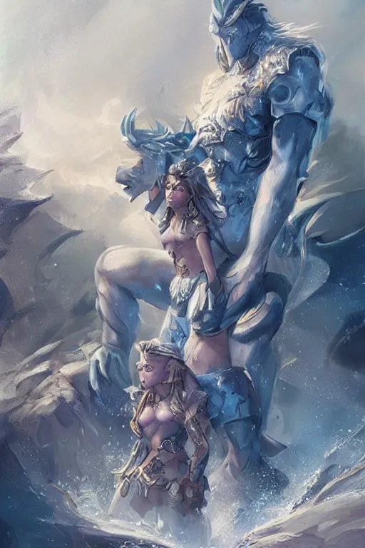 Image similar to a small blue-skinned triton girl wearing scale armor riding on a the shoulders of a large male goliath wearing fur and leather armor, dnd concept art, painting by ross tran and Tyler Jacobson