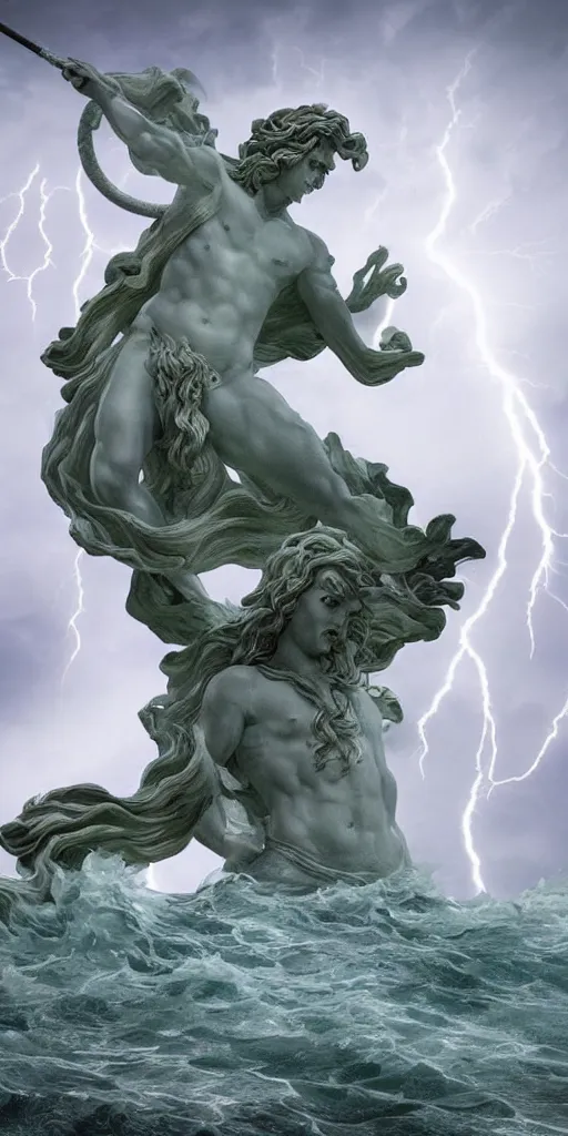 Prompt: gigantic marble statue of the god of the sea wielding a trident on an island. roiling waves at the base. scene lit by lightning. thunderclouds in the background. fantasy setting. magicians praying to the statue. purples and greens. fantasy aesthetic. extremely detailed. 4 k. digital art.