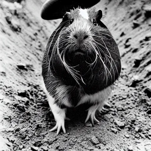 Image similar to a black and white grainy photograph of a guinea pig standing in a ww1 trench, it's wearing a russian ww1 uniform