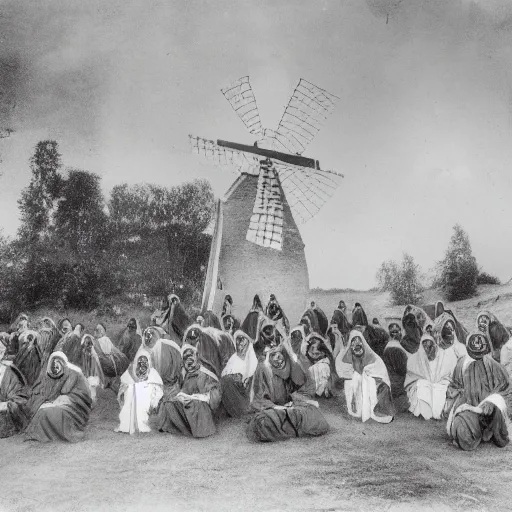 Image similar to worshippers dressed in robes belonging to the cult of the windmill. Dilapidated 1800s windmill. 1800s photo.