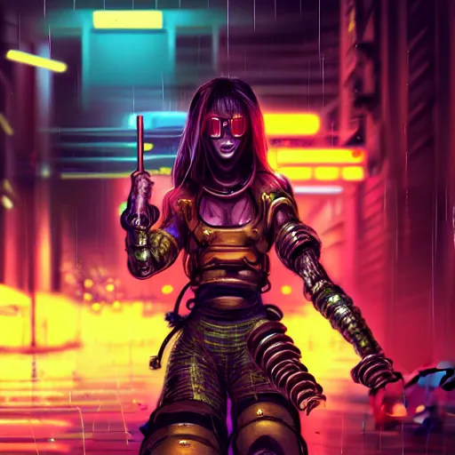 Prompt: An epic comic hyperrealistic cg painting of a cyber samurai girl, attractive, faces and details painted by painted by craig mullins, cyberpunk style color, heavy rainning at tokyo street night, neon lights all around, Matte painting, smoke, cinematic lighting, directional lights, corona render, arnold render, movie concept art, 8k, RPG portrait, Concept world, rim lights, phtotrealistic, hdri