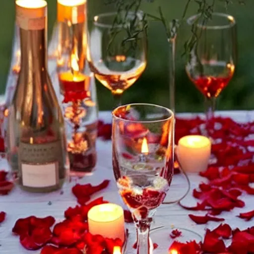 Image similar to beautiful romantic luxury table with wine bottle and candles covered in rose petals