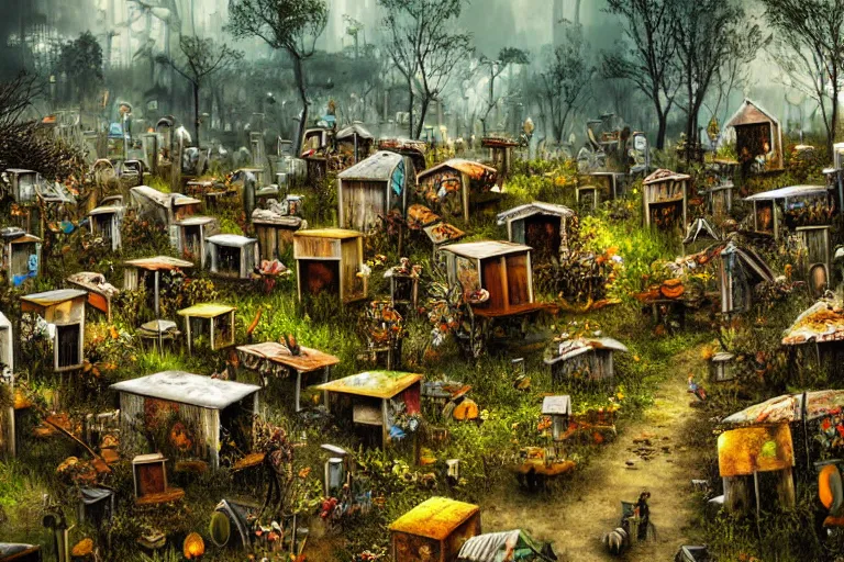 Image similar to elegance, favela graveyard honeybee hive, fungal forest environment, industrial factory, cheerful, award winning art, epic dreamlike fantasy landscape, ultra realistic,