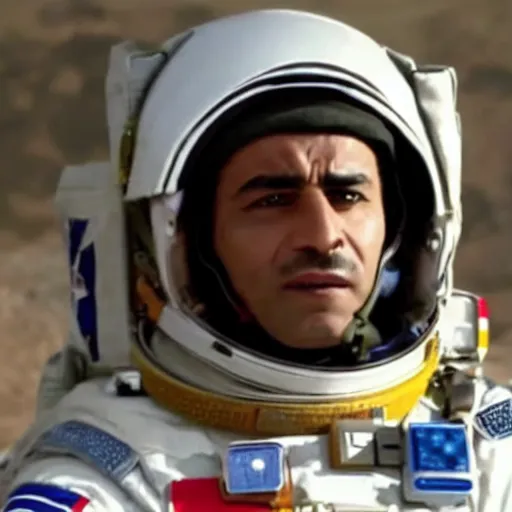 Prompt: close - up of a kurdish astronaut wearing a kurdistan flag badge in a movie directed by christopher nolan, movie still frame, promotional image, imax 7 0 mm footage