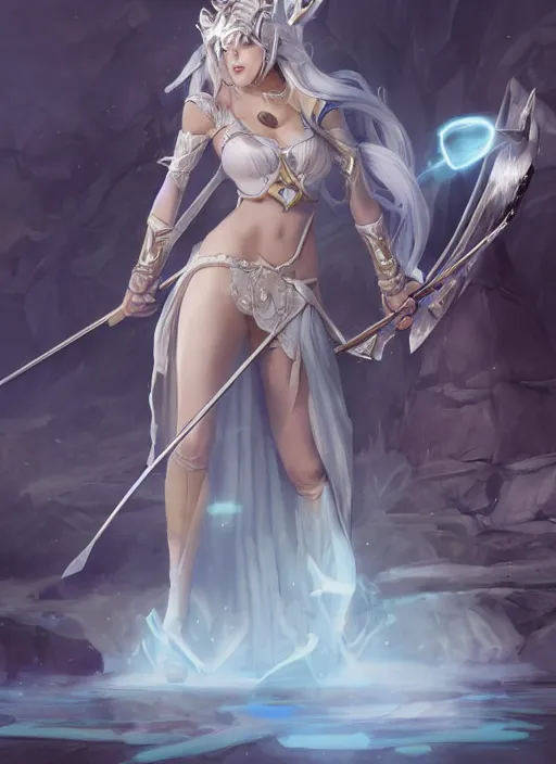 Image similar to ashe, from league of legends, shooting arrows with a silver bow, wearing fluffy skin, long skirt, hyper detailed, digital art, trending in artstation, cinematic lighting, studio quality, zoom in, smooth render, unreal engine 5 rendered, octane rendered, art style by klimt and nixeu and ian sprigger and wlop and krenz cushart