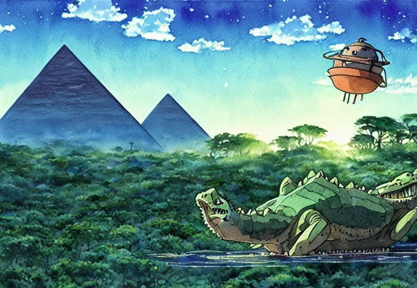 Image similar to a hyperrealist watercolor concept art from a studio ghibli film showing a giant mechanized crocodile from howl's moving castle ( 2 0 0 4 ). a pyramid is under construction in the background, in the rainforest on a misty and starry night. a ufo is in the sky. by studio ghibli