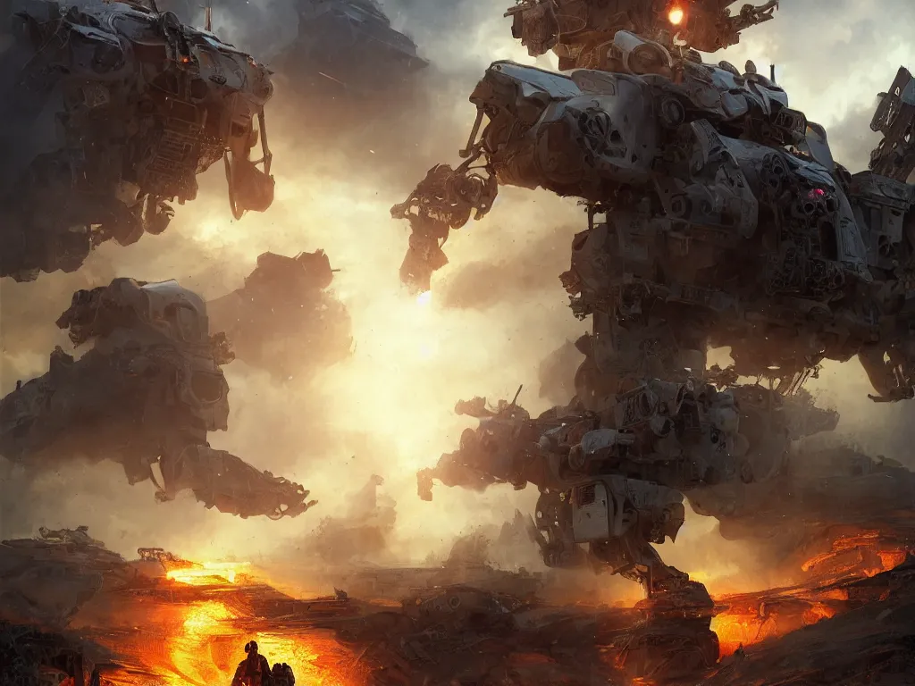 Prompt: portrait of timberwolf battlemech on fire, battle damage, sunset glow around head, full body portrait, intricate, elegant, highly detailed, digital painting, artstation, concept art, smooth, sharp focus, illustration ,sunset, dramatic lighting by Marc Adamus art by artgerm and greg rutkowski and alphonse mucha, background is a city in ruins