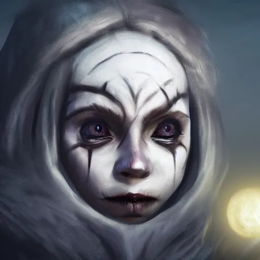 Prompt: portrait of a young female gnome, skull facepaint, dark robes, moonlight, D&D, sharp focus, concept art, realistic, cinematic lighting, fantasy digital painting