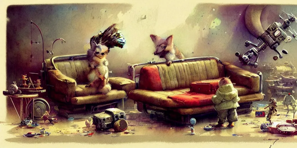 Prompt: adventurer ( ( ( ( ( 1 9 5 0 s retro future living room. muted colors. toys laying around ) ) ) ) ) by jean baptiste monge, chrome red
