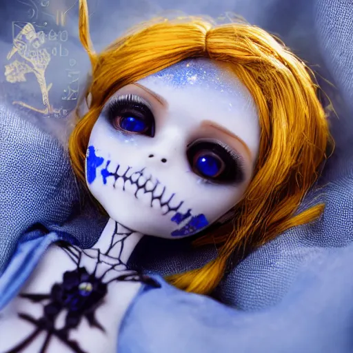 Prompt: lovely realistic ball jointed high end lapis lazuli with gold inclusions skeleton doll with cute white yellow overalls and cute nature themed accessories, inside gothic doll manor bedroom, god rays, dust particles, photorealistic, aesthetic shot, worms eye view, macro camera lens, high definition, thematic, cinematic, lens flare