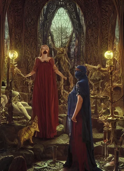 Image similar to mindcontrol inside covens den, intricate wiccan scene detailing, textless, masked wiccan photorealistic figures, hyperdetailed, photorealistic, diffuse lighting, hdrp, artstation, unreal 5, smooth, sharp focus, art by john collier, albert aublet, krenz cushart, artem demura, alphonse mucha