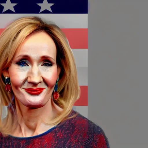 Image similar to Portrait till photograph of JK Rowling smiling in front of the transgender flag, detailed, textured, medium shot, mid-shot, trending on Artstation