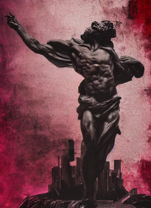 Image similar to dark design poster showing a greco roman statue, death, black background with very subtle red and purple design elements, powerful, nekro, vito acconci, thin straight lines, dark, glitch art, neo vaporwave, gritty, layout frame, square, trending on artstation