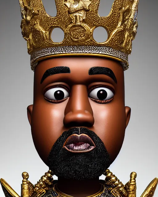 Image similar to highly detailed closeup, face profile portrait of a tin toy kanye west as a fairytale king wearing a crown and sitting on a throne, robes, depth of field, nicoletta ceccoli, mark ryden, lostfish, max fleischer, breathtaking, detailed and intricate environment, 8 k resolution, hyperrealistic, octane render